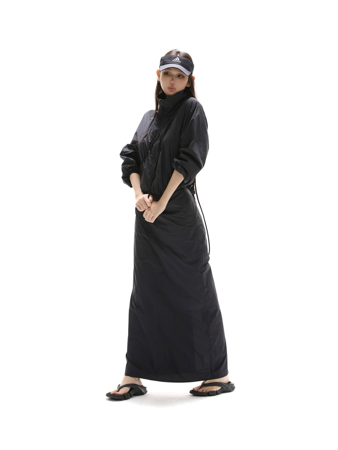 itsdinn Black Drawstring Lightweight A Line Slit Long Skirt Women&