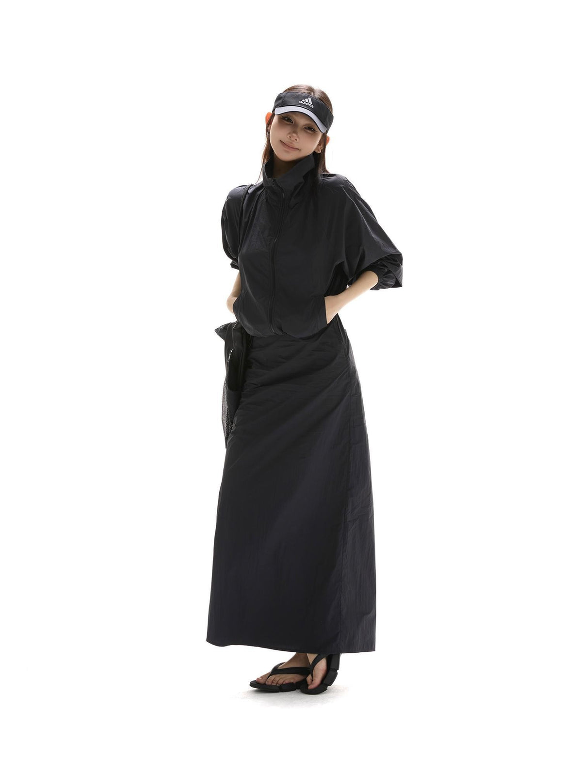 itsdinn Black Drawstring Lightweight A Line Slit Long Skirt Women&
