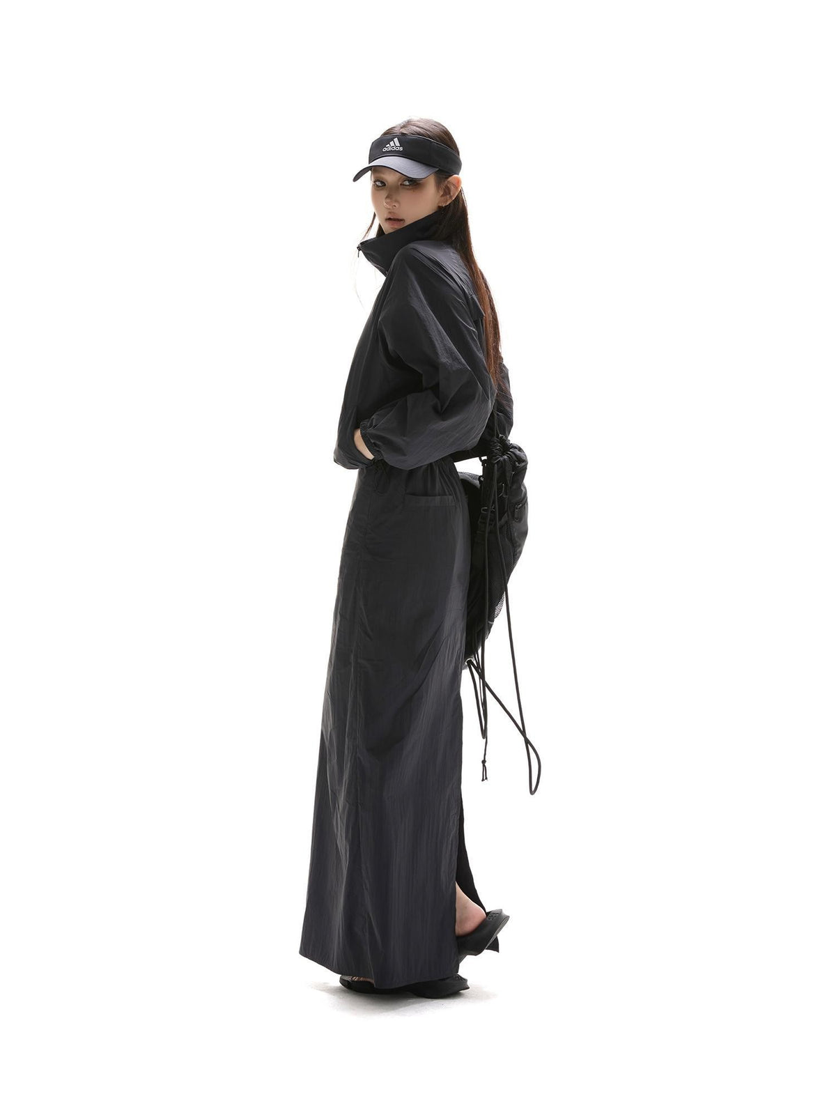 itsdinn Black Drawstring Lightweight A Line Slit Long Skirt Women&
