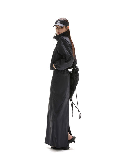 itsdinn Black Drawstring Lightweight A Line Slit Long Skirt Women&