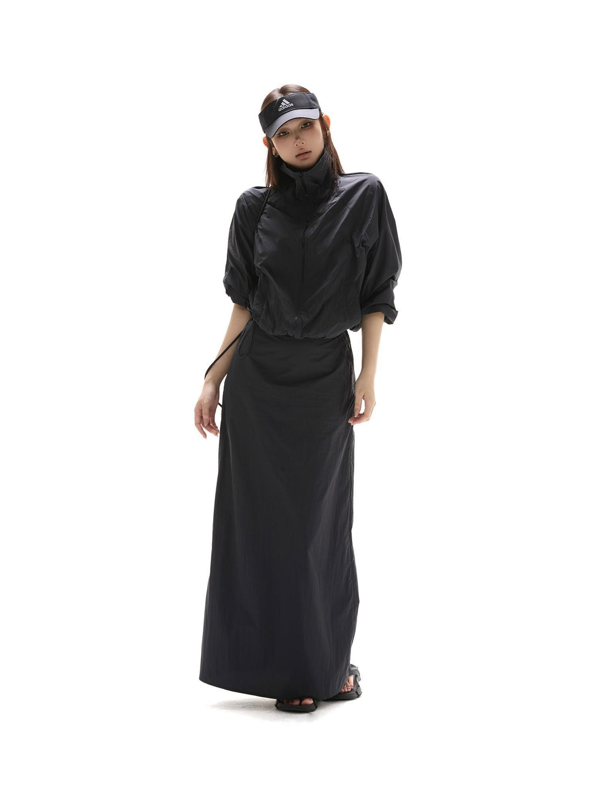 itsdinn Black Drawstring Lightweight A Line Slit Long Skirt Women&