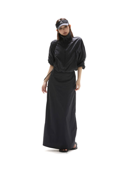 itsdinn Black Drawstring Lightweight A Line Slit Long Skirt Women&