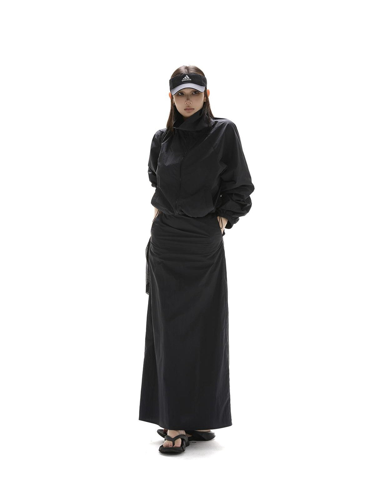 itsdinn Black Drawstring Lightweight A Line Slit Long Skirt Women&