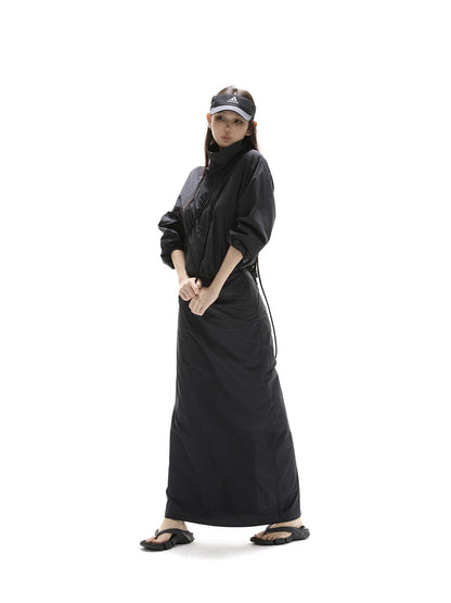 itsdinn Black Drawstring Lightweight A Line Slit Long Skirt Women&