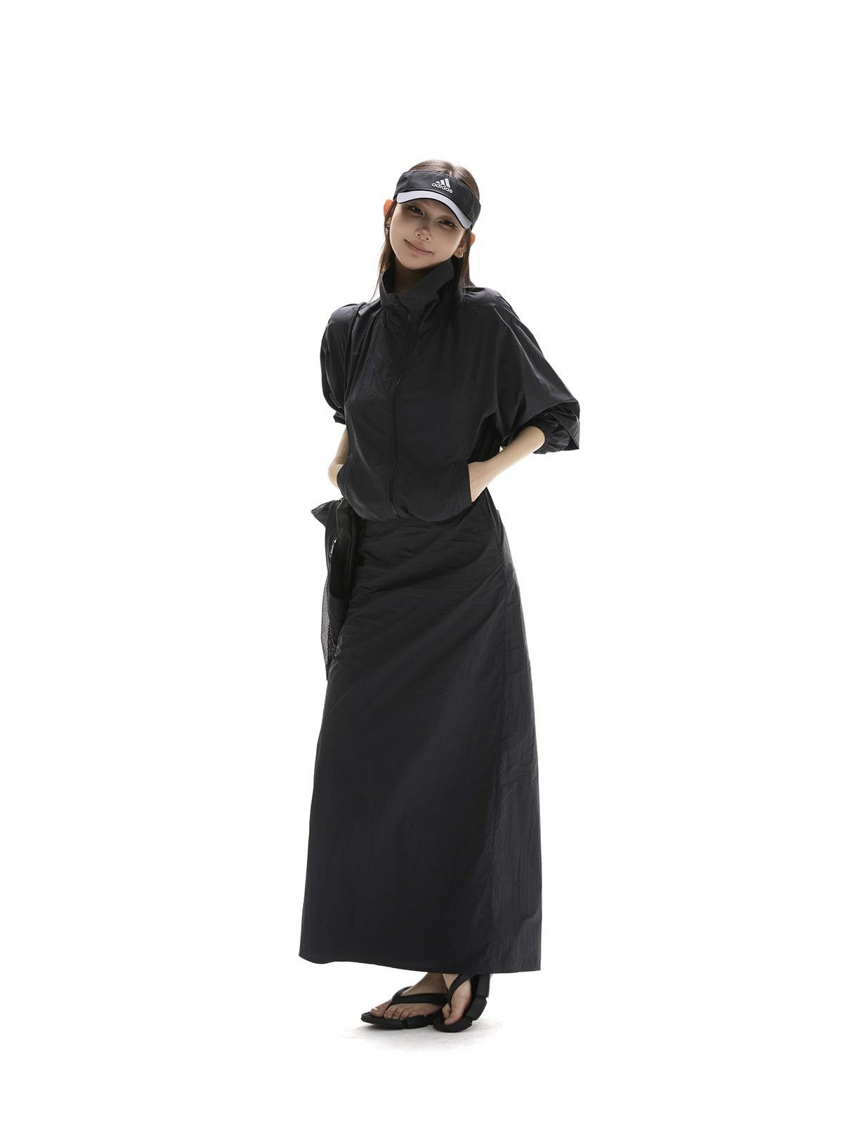 itsdinn Black Drawstring Lightweight A Line Slit Long Skirt Women&