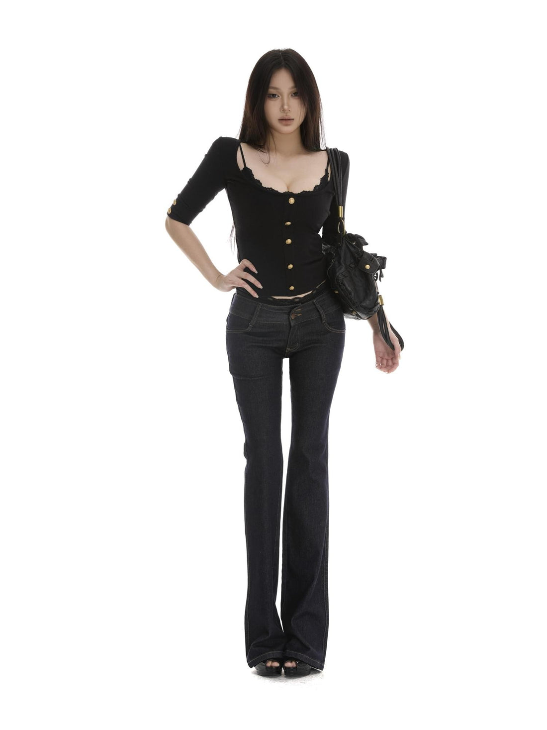 itsdinn Black Gold Waffle Square Neck Gold Buckle Women&