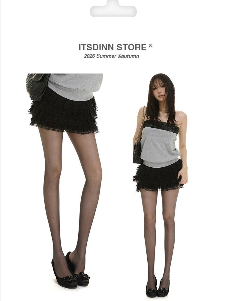 itsdinn Black Lace Trim Cutout Women&