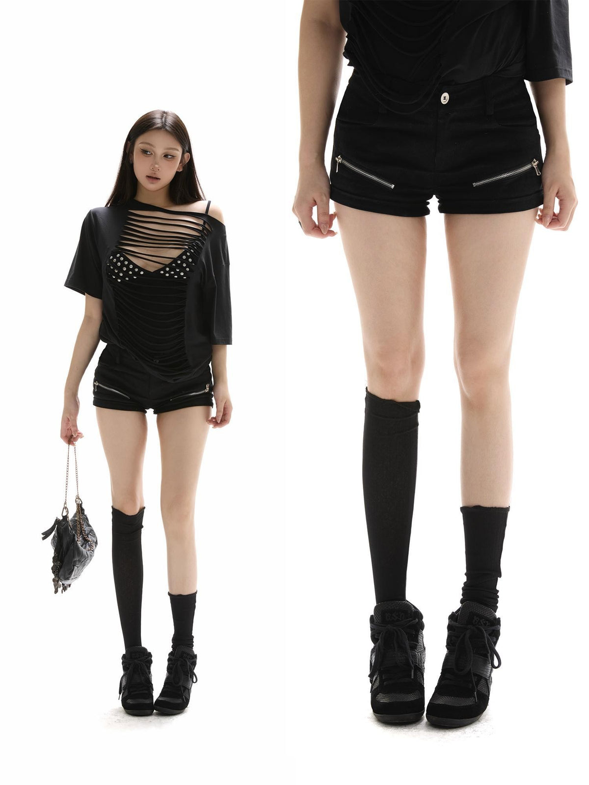 itsdinn Black Low Waist Zipper Cargo Slim Women&