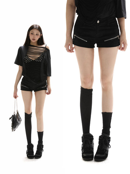itsdinn Black Low Waist Zipper Cargo Slim Women&