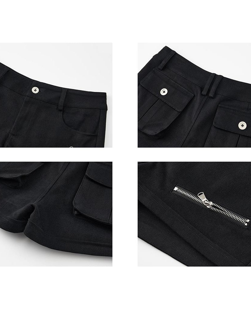 itsdinn Black Low Waist Zipper Cargo Slim Women&