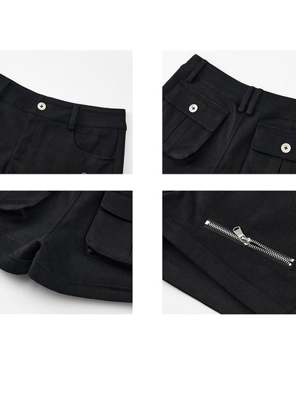 itsdinn Black Low Waist Zipper Cargo Slim Women&