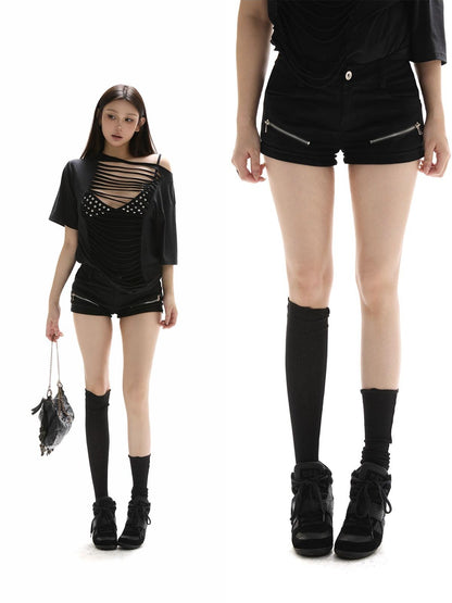 itsdinn Black Low Waist Zipper Cargo Slim Women&
