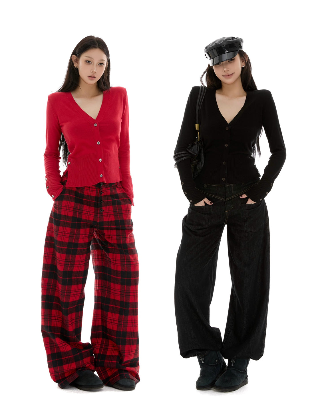 itsdinn Black Red Padded Shoulder V-neck Spliced Webbing Pearl Buttons Women&