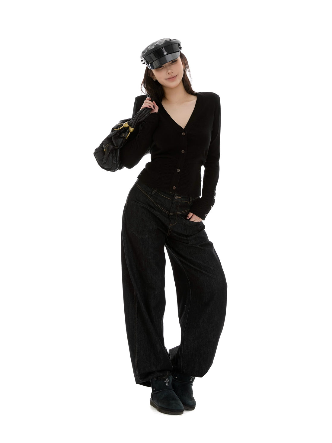 itsdinn Black Red Padded Shoulder V-neck Spliced Webbing Pearl Buttons Women&