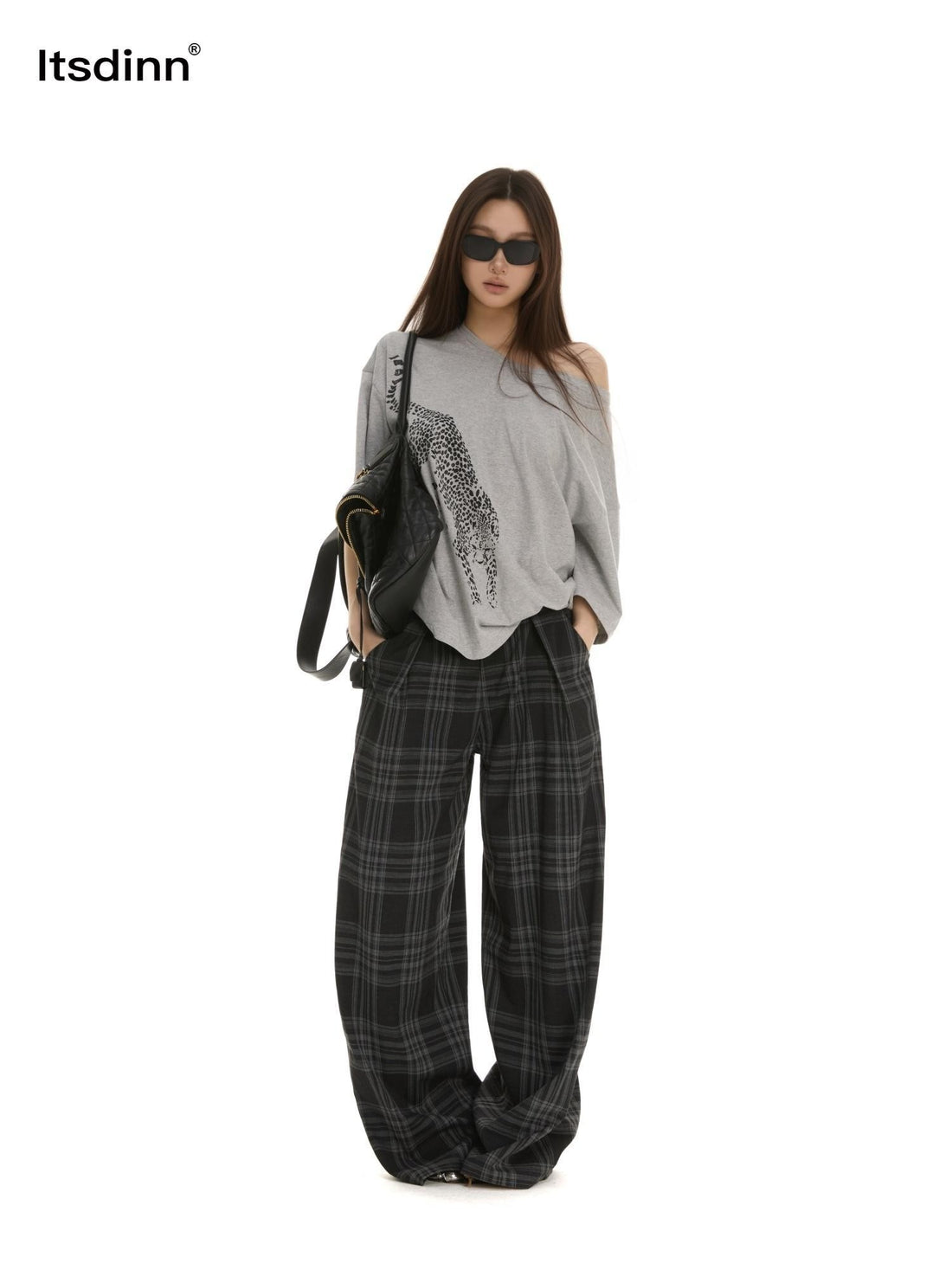 itsdinn Black White Plaid Vintage Draped Natural Waist Women&