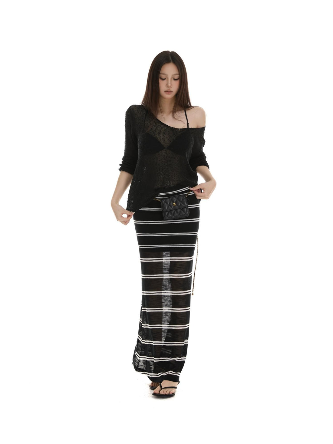 itsdinn Black White Striped Foldover Waist Fishtail Women&