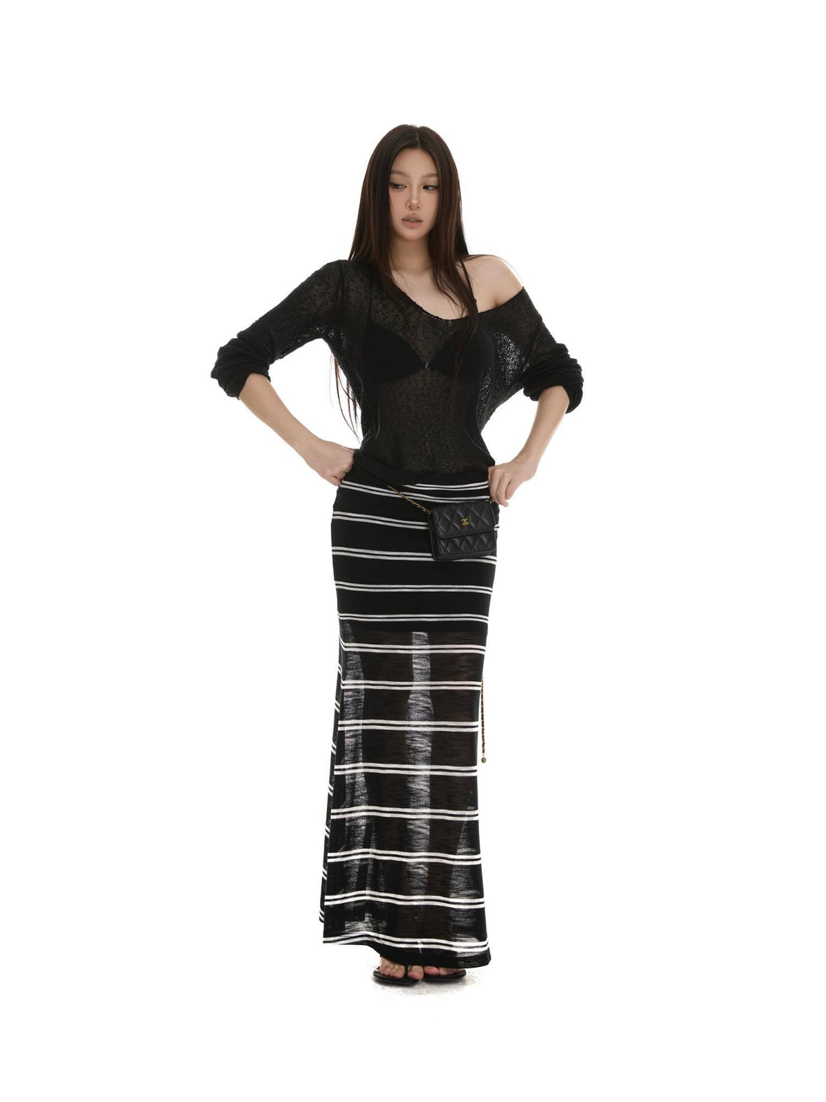 itsdinn Black White Striped Foldover Waist Fishtail Women&