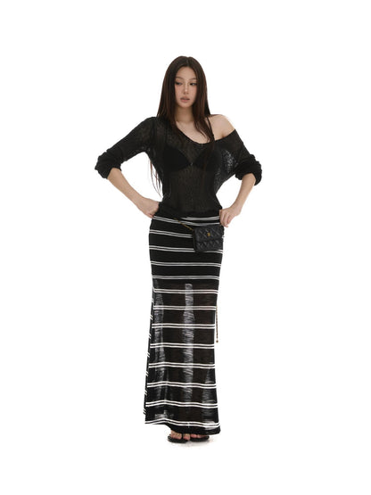 itsdinn Black White Striped Foldover Waist Fishtail Women&