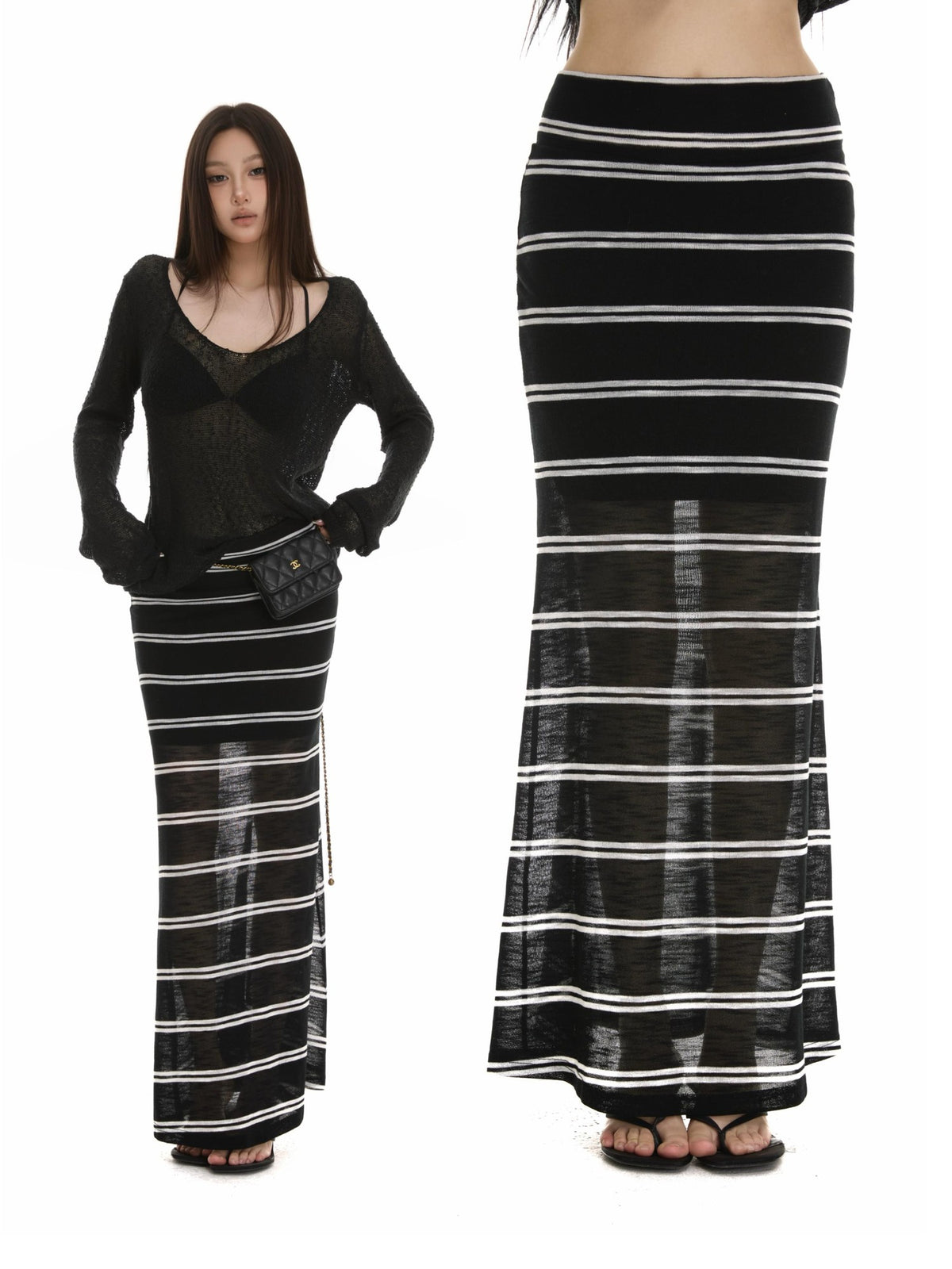 itsdinn Black White Striped Foldover Waist Fishtail Women&