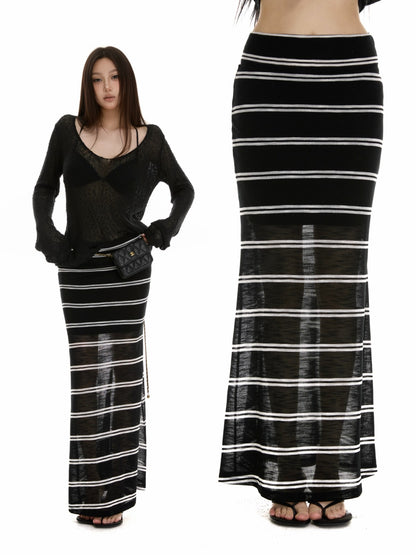 itsdinn Black White Striped Foldover Waist Fishtail Women&