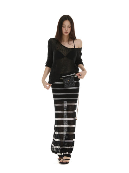itsdinn Black White Striped Foldover Waist Fishtail Women&