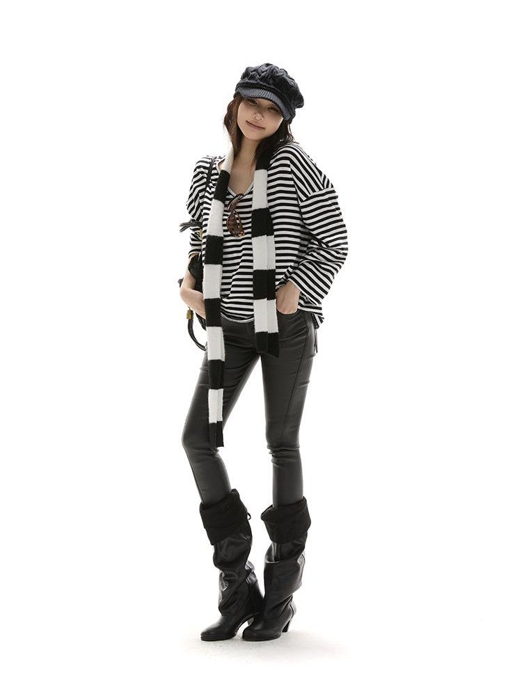 itsdinn Black White Thin Long Stripe Colorblock Women&