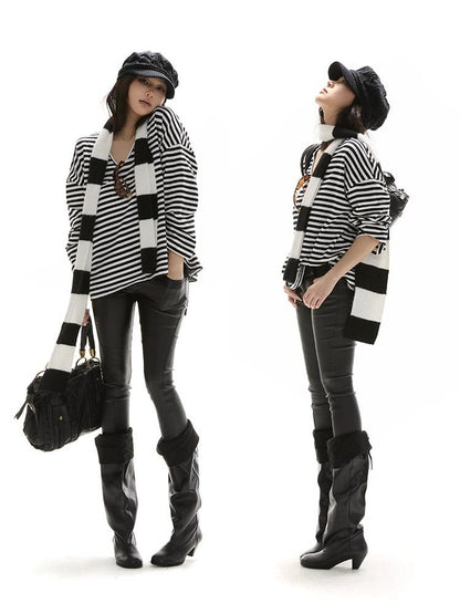 itsdinn Black White Thin Long Stripe Colorblock Women&