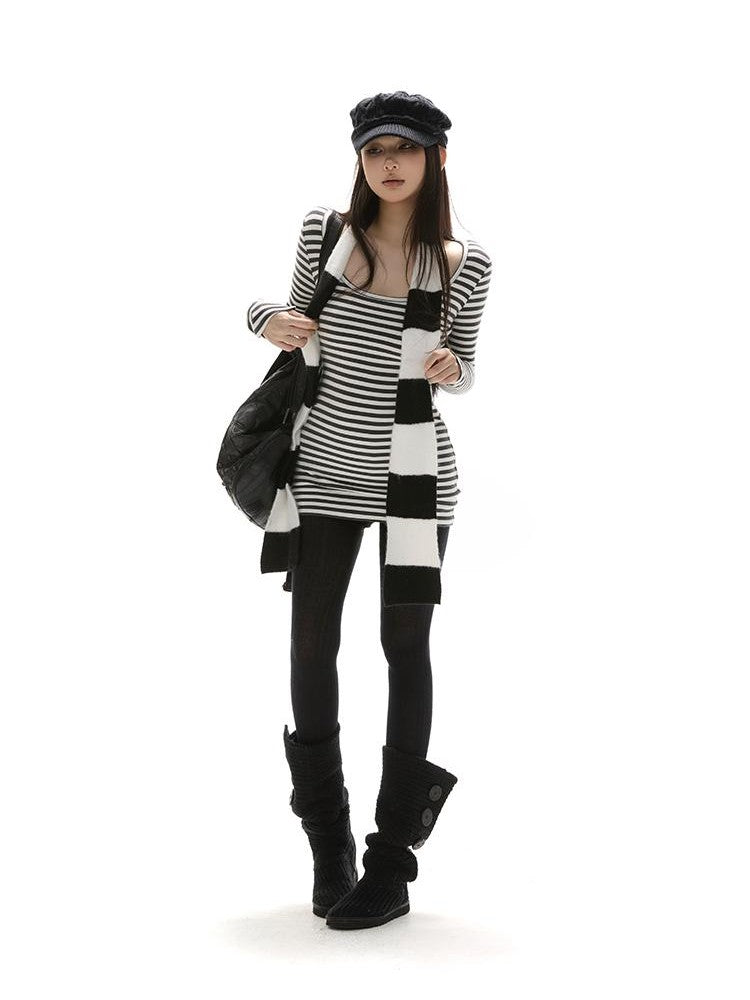 itsdinn Black White Thin Long Stripe Colorblock Women&