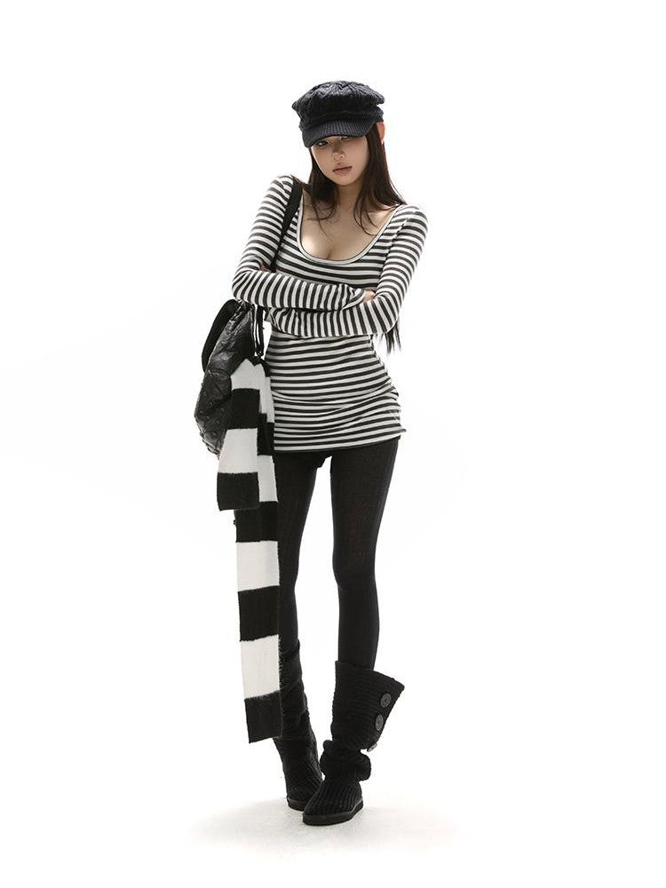 itsdinn Black White Thin Long Stripe Colorblock Women&