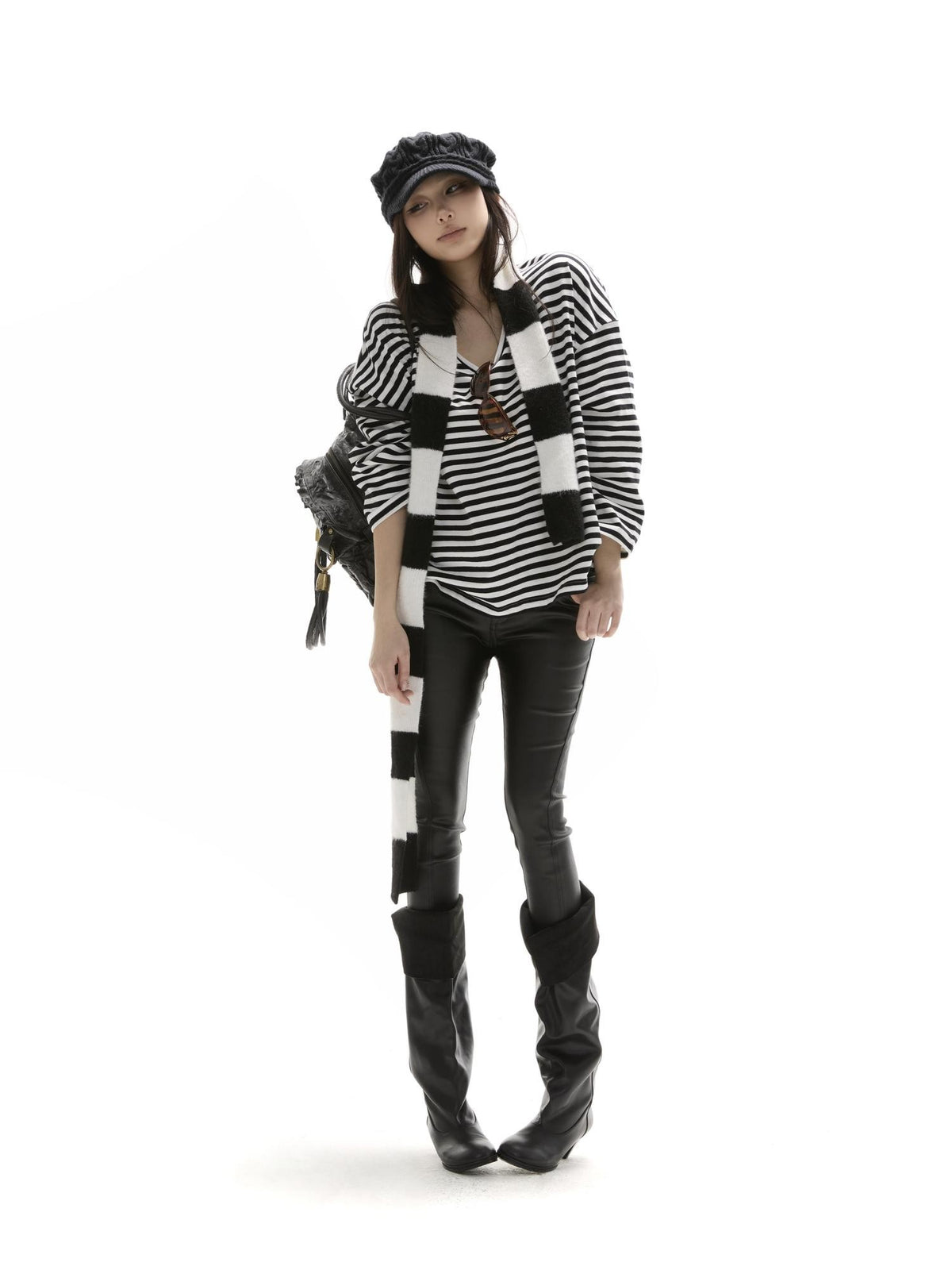 itsdinn Black White Thin Long Stripe Colorblock Women&