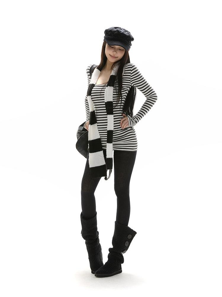 itsdinn Black White Thin Long Stripe Colorblock Women&