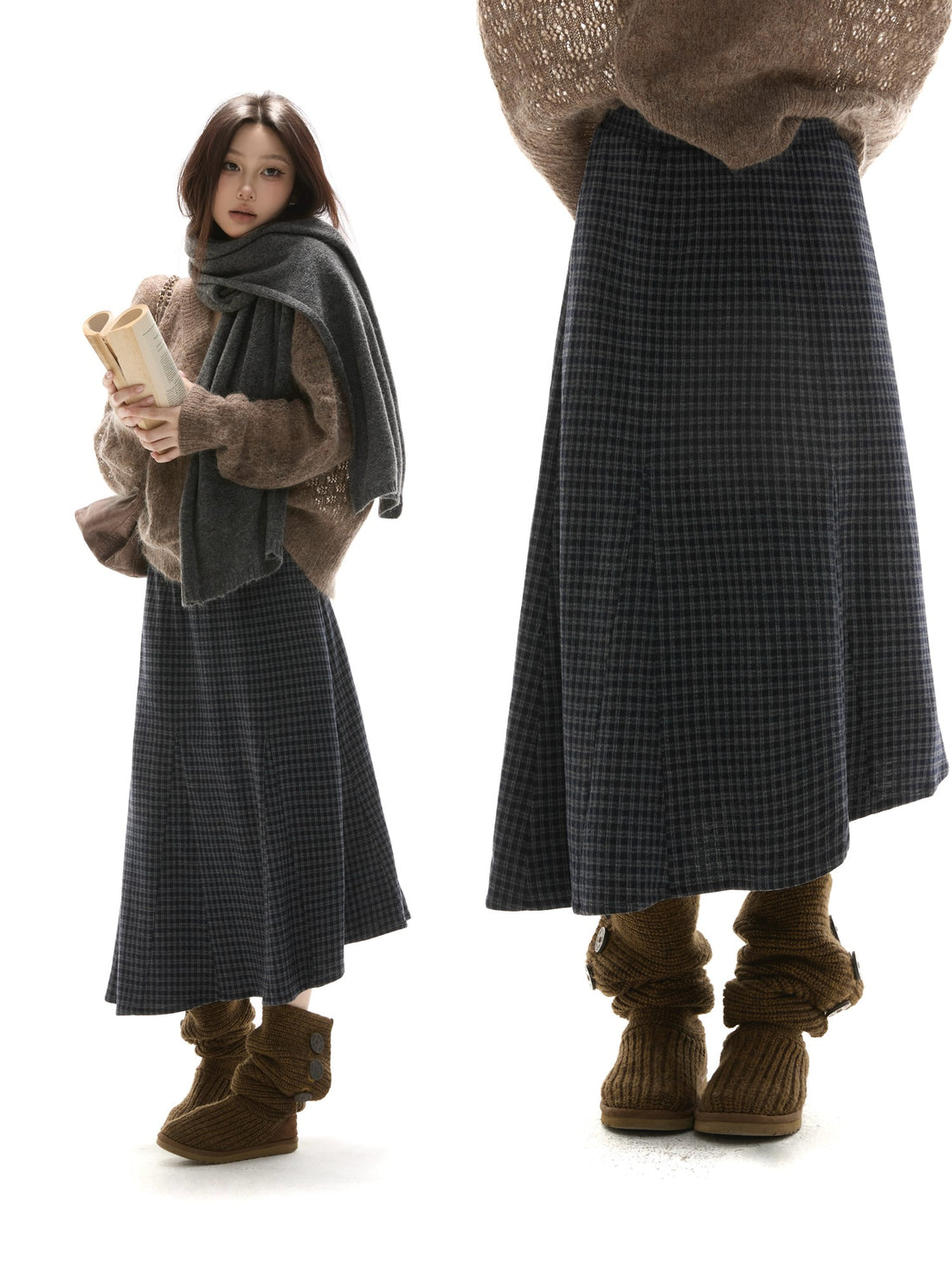 itsdinn Blue Gray Checked Asymmetric Insert Aline Elastic Waist Women&