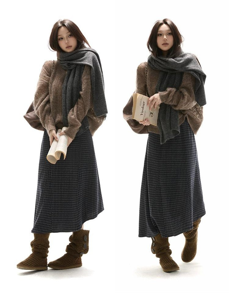 itsdinn Blue Gray Checked Asymmetric Insert Aline Elastic Waist Women&