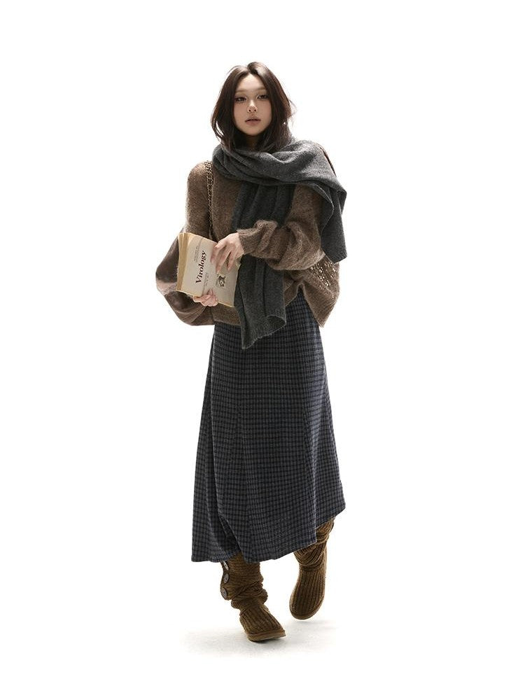 itsdinn Blue Gray Checked Asymmetric Insert Aline Elastic Waist Women&