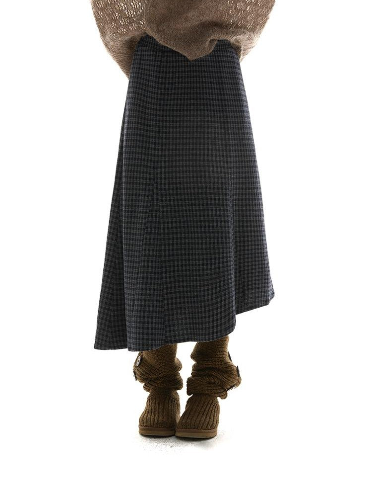 itsdinn Blue Gray Checked Asymmetric Insert Aline Elastic Waist Women&