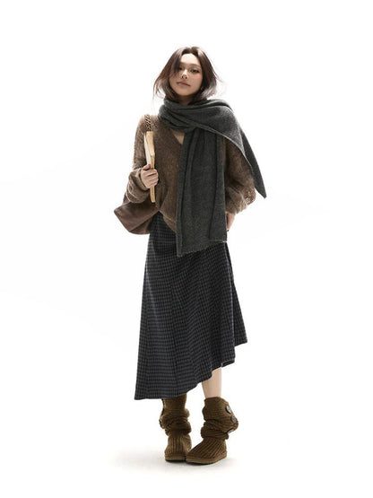 itsdinn Blue Gray Checked Asymmetric Insert Aline Elastic Waist Women&