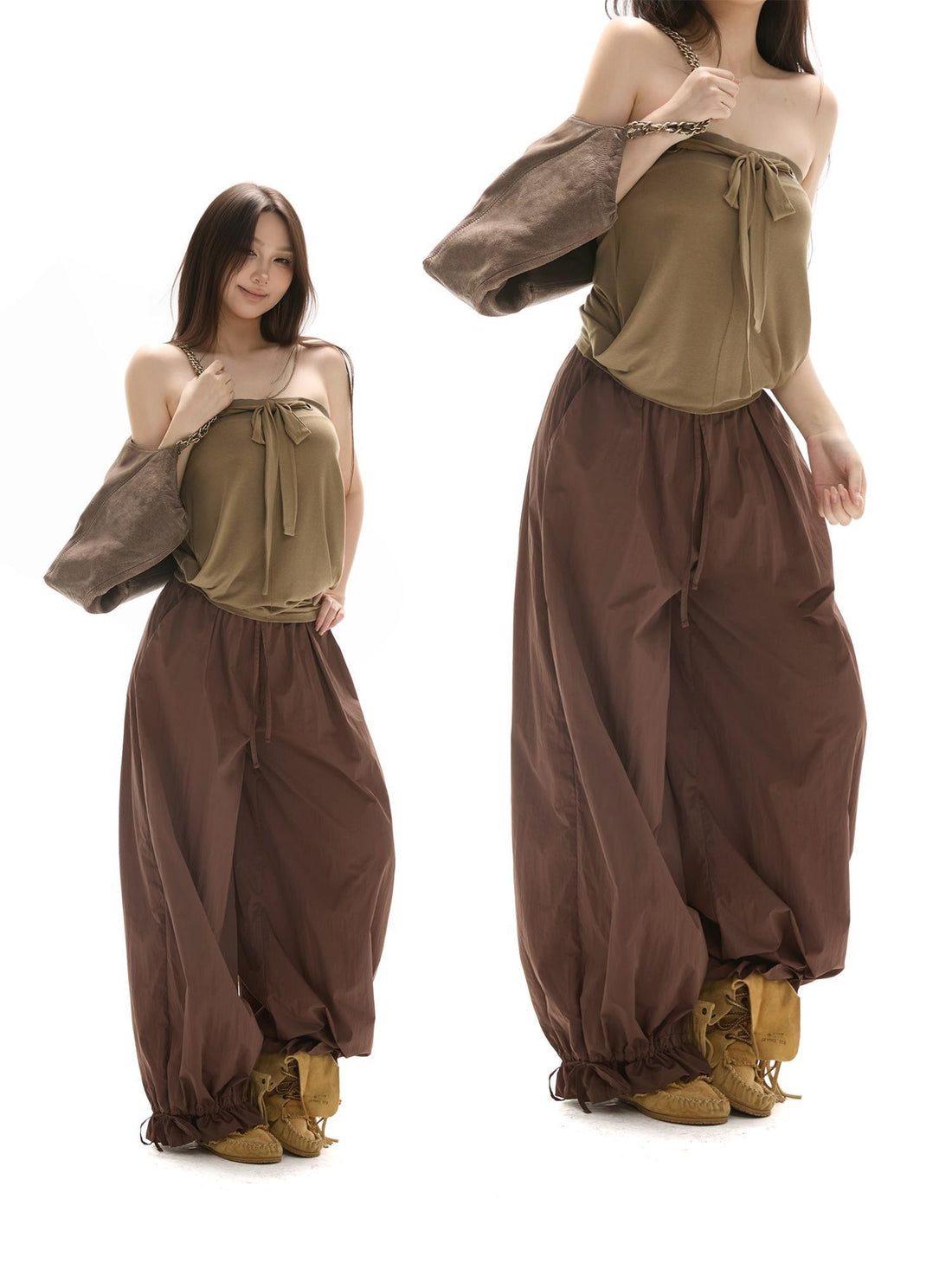 itsdinn Brown Drawstring Hem Lightweight Drapey Women&