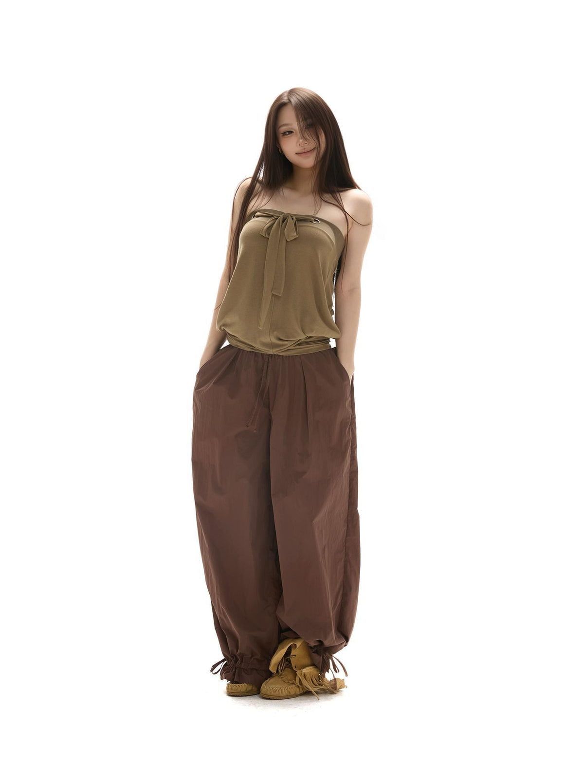 itsdinn Brown Drawstring Hem Lightweight Drapey Women&