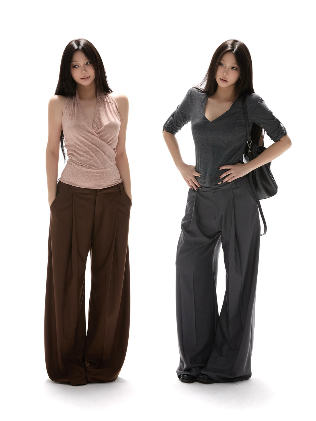 itsdinn Brown Gray Two Tone Draped Relaxed Wide Leg Low Waist Women&