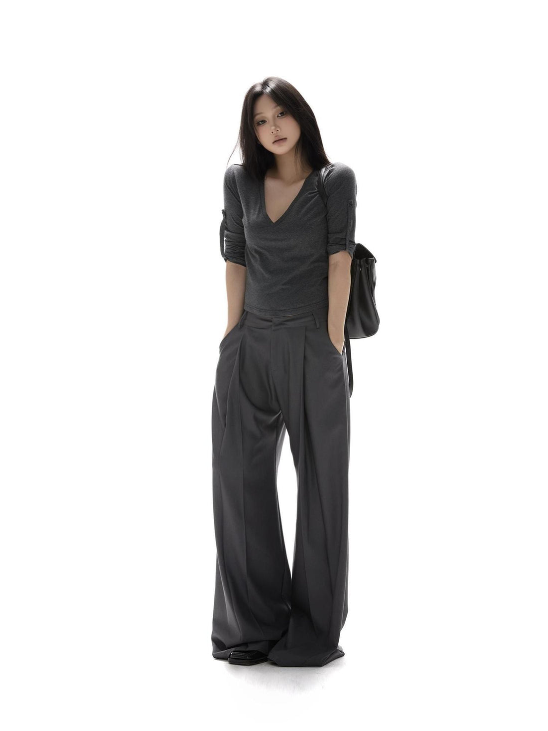itsdinn Brown Gray Two Tone Draped Relaxed Wide Leg Low Waist Women&