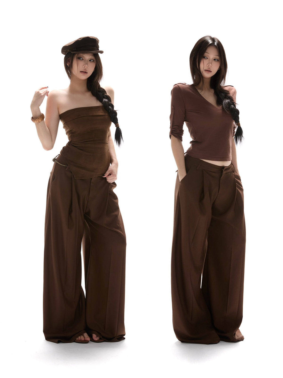 itsdinn Brown Gray Two Tone Draped Relaxed Wide Leg Low Waist Women&
