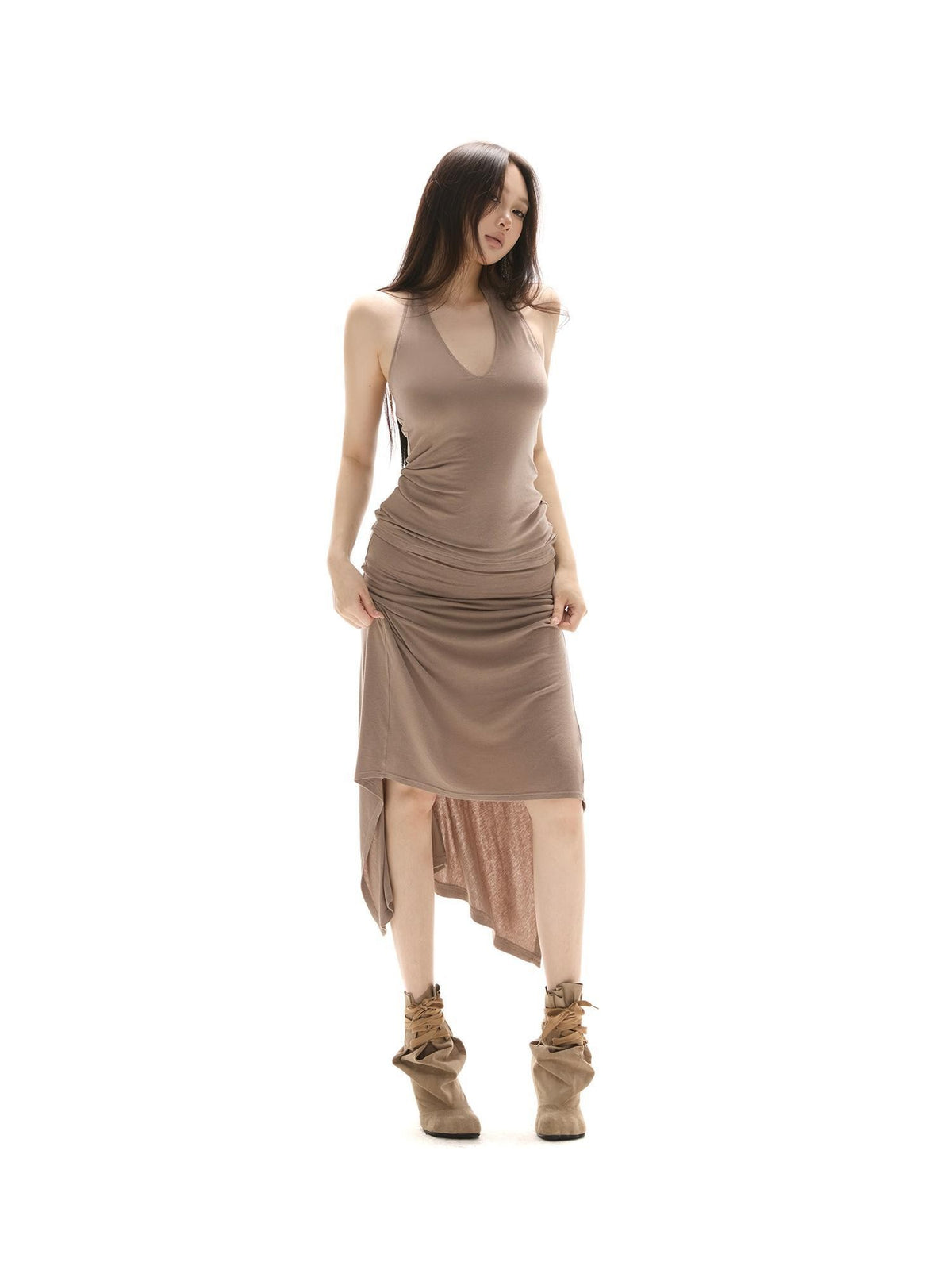 itsdinn Brown Halter Backless Fishtail Low Waist Women&