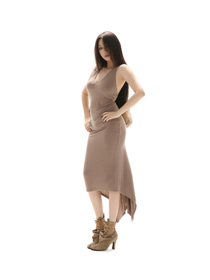 itsdinn Brown Halter Backless Fishtail Low Waist Women&