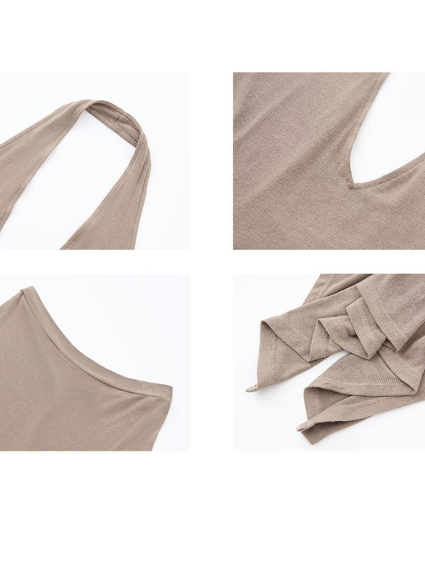 itsdinn Brown Halter Backless Fishtail Low Waist Women&