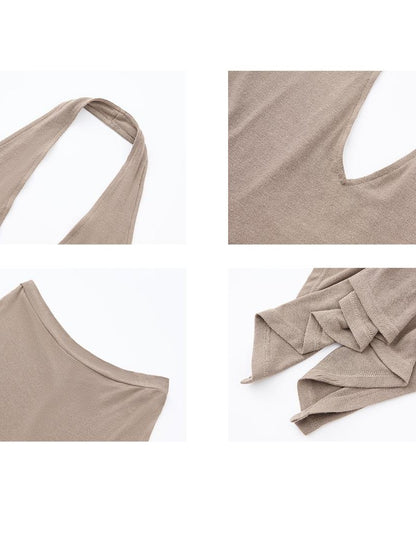 itsdinn Brown Halter Backless Fishtail Low Waist Women&