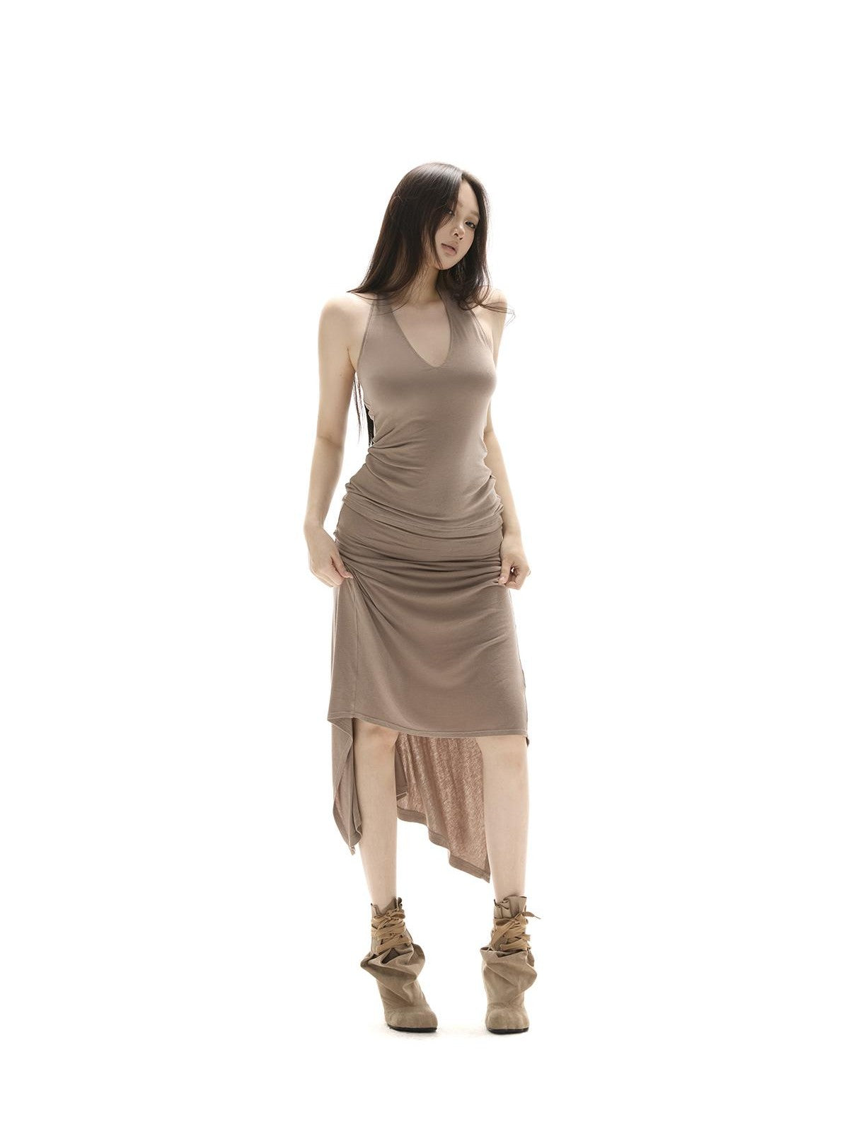 itsdinn Brown Halter Backless Fishtail Low Waist Women&