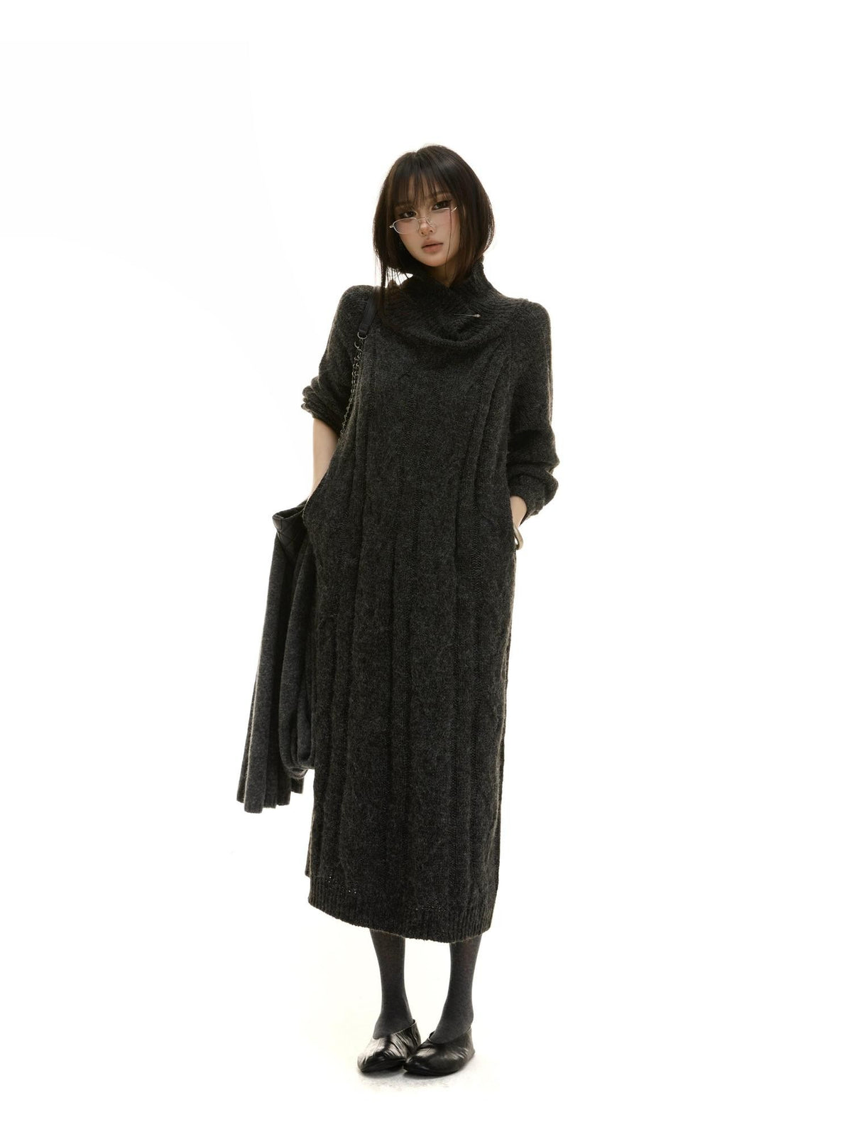 itsdinn Cable Knit High Neck Wool Blend Women&