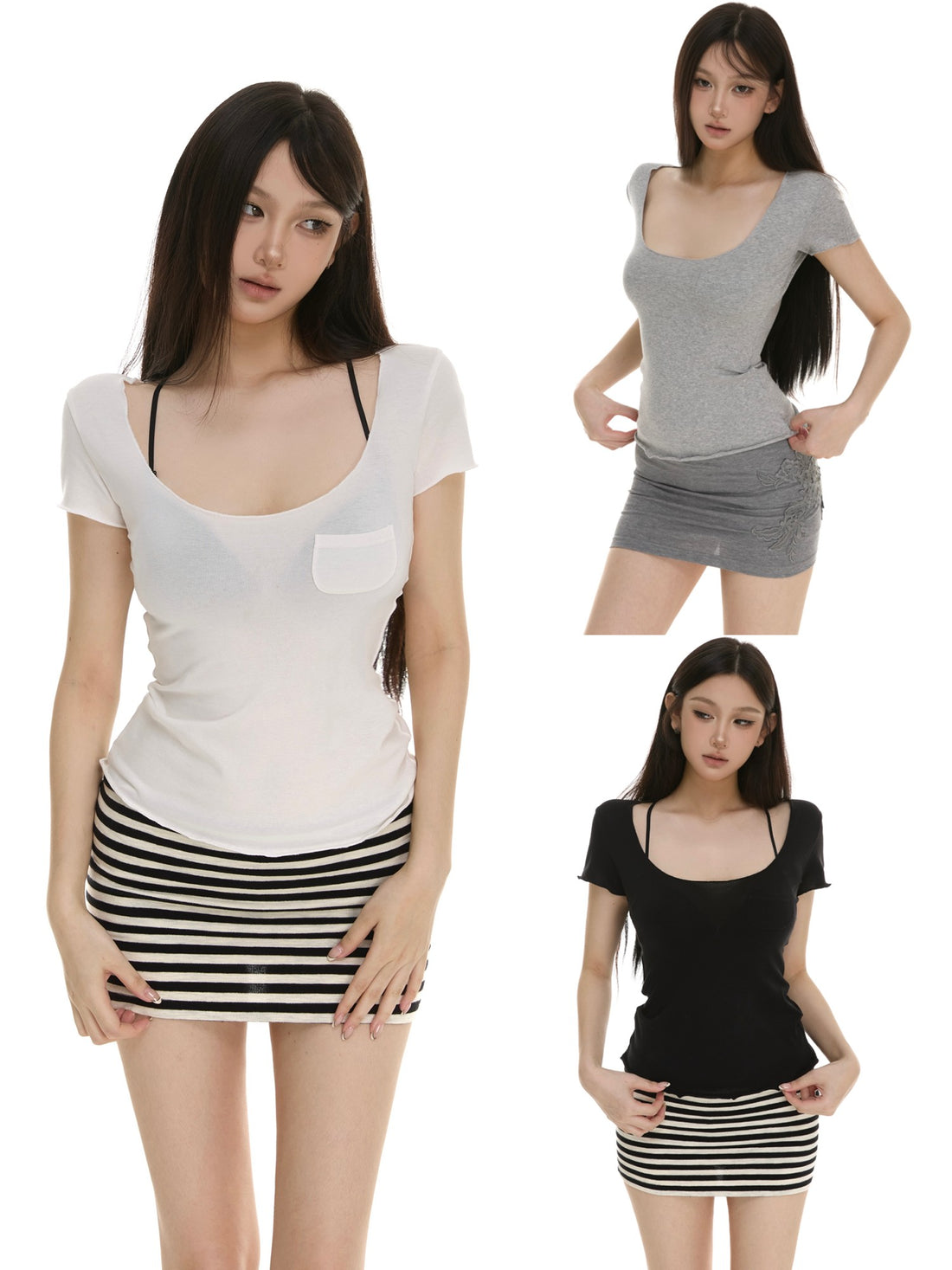 itsdinn Casual Deep U Neck Pocket Waist Cinch Women&
