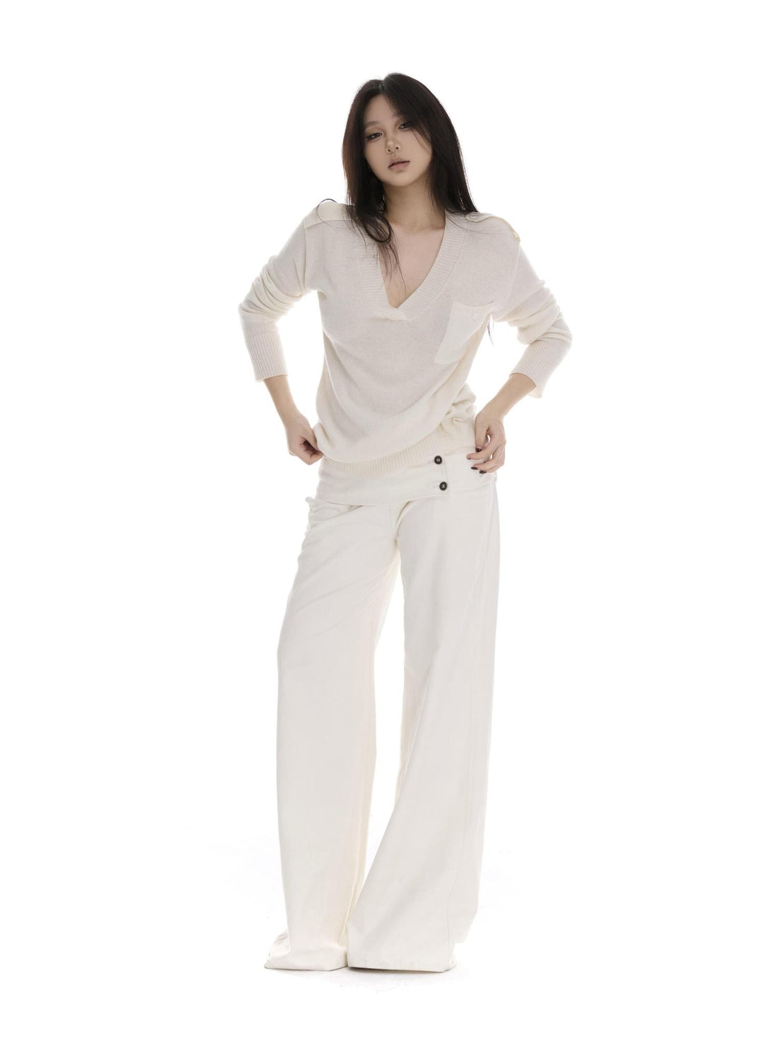itsdinn Classic White Wide Waistband Belted Low Rise Women&