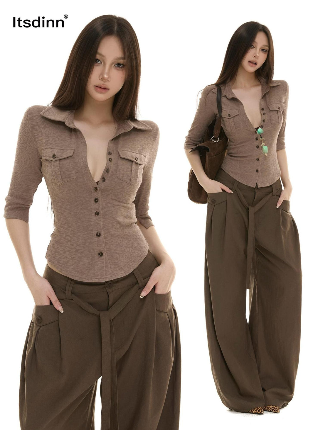 itsdinn Coffee Patch Pocket Button Front Women&